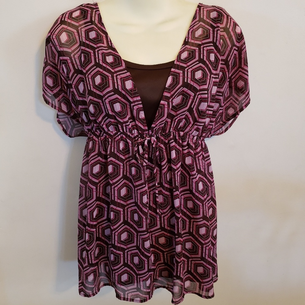 AB Studio Blouse Top Pink Brown with Tank Large